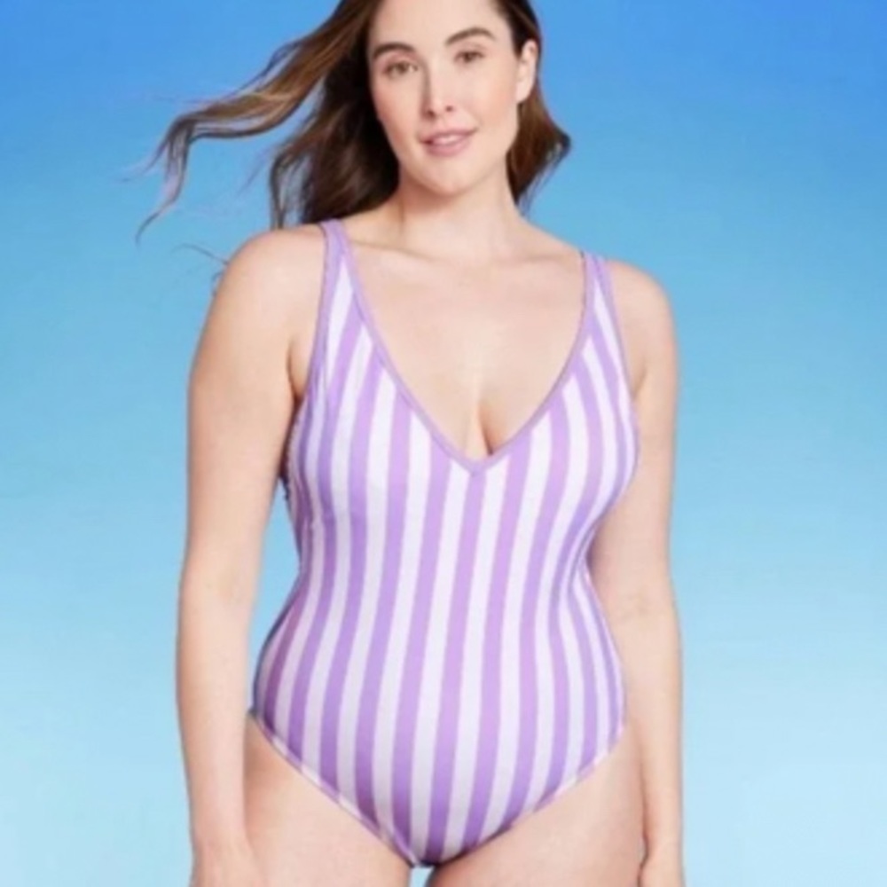Kona Sol Purple and White Vertical Stripe One-Piece Swimsuit Size 16W NWT